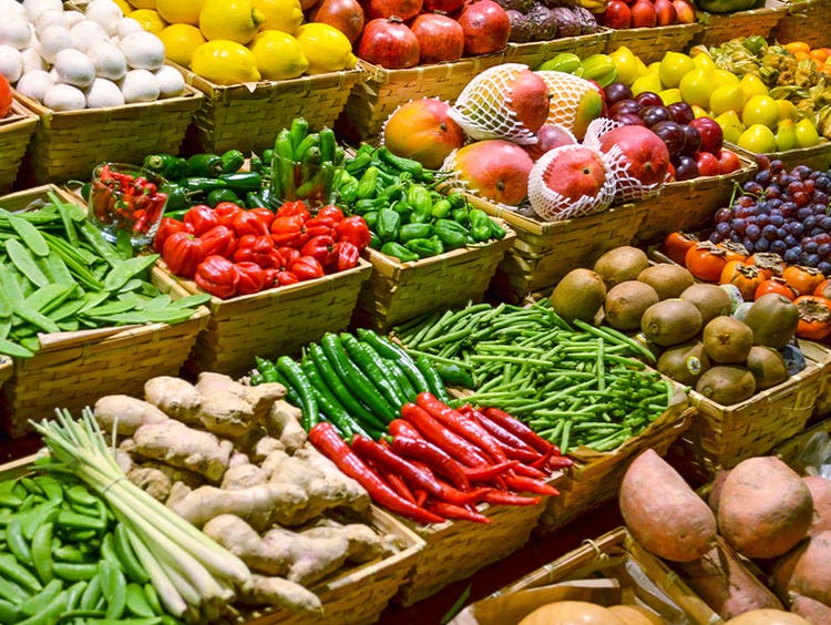Open baskets displaying fresh produce